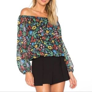 Alice + Olivia Alta Multicolor Floral Off-Shoulder Chiffon Peasant Blouse Top
